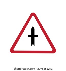 Intersection with a minor road. Attention traffic sign. Red triangular icon. Flat style. Vector illustration. Stock image. 