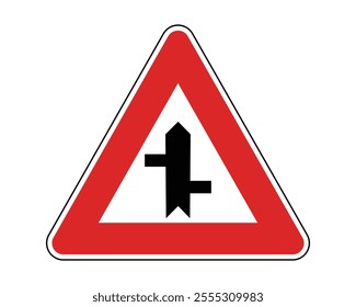 Intersection with a Non-Priority Road Warning Sign, Featuring Red Triangle and Black Icon, Indicating Potential Traffic Hazards, Available as a Vector File