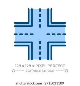 Schnittpunkt Pixel perfekte Linie Farbe Symbol. Zwei Straßen treffen sich, überqueren und verbinden sich auf gleicher Ebene. Richtungspunkt ändern. Isolierte Vektorgrafik. Flaches buntes Symboldesign. Bearbeitbarer Strich