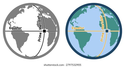 Intersection of prime meridian and equator at Null Island. World map in circle sign.