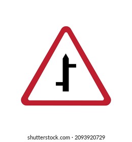 Intersection right left traffic. Road sign. Warning icon. Triangular symbol. Flat art. Vector illustration. Stock image.