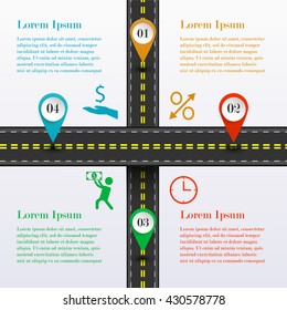 Intersection road infographic. Road with map pointers. Business template with 4 options