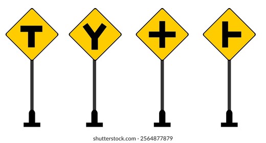 Intersection road sign set with T Junction, Y Junction, and Crossroad traffic sign vector illustration isolated in white background for education purpose