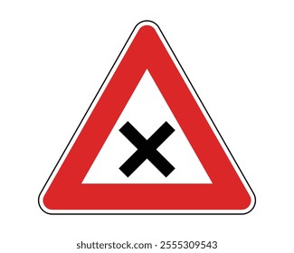 Intersection of Roads with Equivalent Significance Warning Sign Featuring Red Triangle and Black Crossroads Icon, Indicating Potential Traffic Hazards, Available as a Vector File