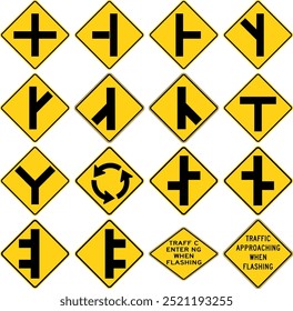 Sinais de trânsito de cruzamento e de estrada: cruzamentos, cruzamentos em T, cruzamentos em Y, rotatórias, estradas laterais e alertas de tráfego intermitente. Sinalização rodoviária nos Estados Unidos.