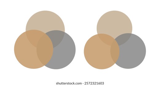 Intersection of three circles in geometry. Overlapping sets in math. Venn diagram. 