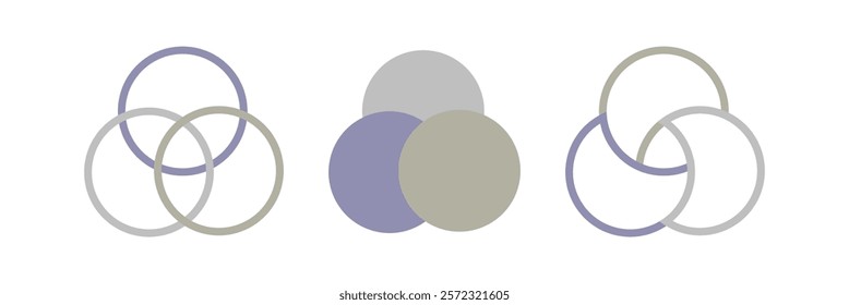 Intersection of three circles in geometry. Overlapping sets in math. Venn diagram. 