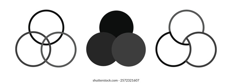 Intersection of three circles in geometry. Overlapping sets in math. Venn diagram. 