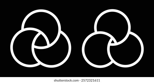 Intersection of three circles in geometry. Overlapping sets in math. Venn diagram. 