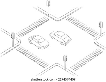 Intersection Traffic from Above Line Art