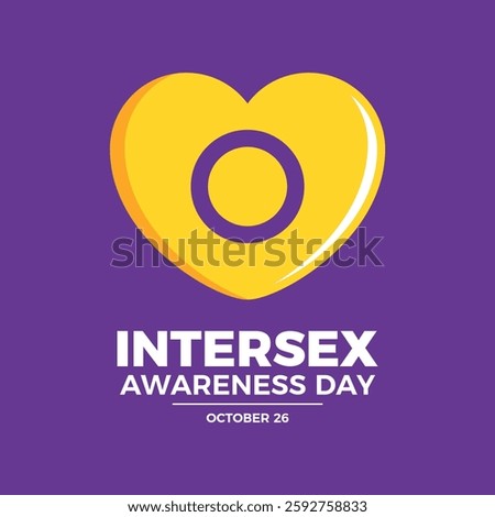 Intersex Awareness Day poster vector illustration. Intersex pride flag in heart shape icon on a purple background. LGBT intersex flag love symbol. Template for background, banner, card. 26 October