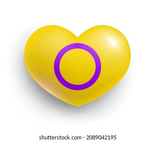 Intersex Stolz Fahne von Herz-Form glänzende Abzeichen. Lgbtq Fahne, offizielles Symbol der intersexuellen Gemeinschaft oder Bewegung realistische Vektorgrafik. Toleranz, Freiheit, Rechte, Gleichheit 3d-Taste