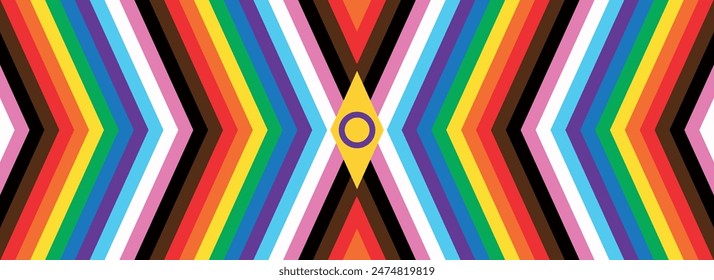 Intersex Progress Pride flag. New LGBTQ Pride Flag. New  Updated Intersex Inclusive Progress Pride Flag. Banner Flag for LGBT, LGBTQ or LGBTQIA plus Pride. Vector illustration