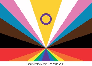 Intersex Progress Pride flag radial stripes. New LGBTQ Pride Flag. New  Updated Intersex Inclusive Progress Pride Flag. Banner Flag for LGBT, LGBTQ or LGBTQIA plus Pride. Vector illustration