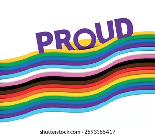 Intersex Progress Pride flag wave with Text PROUD. New LGBTQ Pride Flag. New  Updated Intersex Inclusive Progress Pride Flag. Banner Flag for LGBT, LGBTQ or LGBTQIA plus Pride. Vector illustration