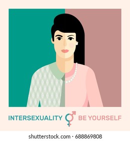 Concepto intersexual. Ilustración vectorial plana de la persona con marcador masculino y femenino.