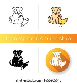 Interspecies friendship icon. Linear black and RGB color styles. Emotional bond between domestic animals, friendly relationship. Dog and chicken getting along isolated vector illustrations