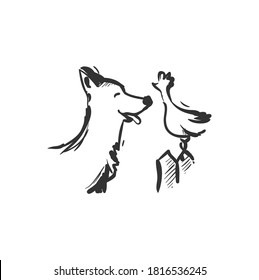 Interspecies friendship line icon. Dog and chicken standing together. Outline drawing. Interspecies communication. Animal connection concept. Isolated vector illustration