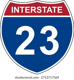 Interestadual 23. Sinal de estrada interestadual. Número da estrada. Placa sinalizadora indicando os números de rota no Sistema Rodoviário Interestadual dos EUA. Mesmo os números correm de oeste para leste. Números ímpares vão de norte a sul.