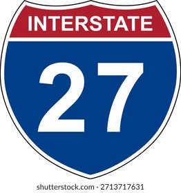 Interestadual 27. Sinal de estrada interestadual. Número da estrada. Placa sinalizadora indicando os números de rota no Sistema Rodoviário Interestadual dos EUA. Mesmo os números correm de oeste para leste. Números ímpares vão de norte a sul.
