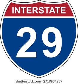 Interestatal 29. Señal de la autopista interestatal. El número de la carretera. Señal que indica los números de ruta en el Sistema Interestatal de Carreteras de Estados Unidos. Incluso los números van de oeste a este. Los números raros van de norte a sur.