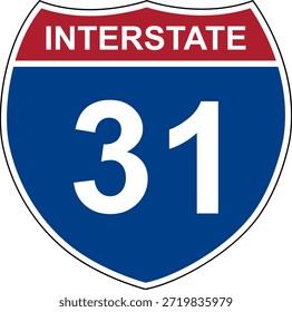 Interestatal 31. Señal de la autopista interestatal. El número de la carretera. Señal que indica los números de ruta en el Sistema Interestatal de Carreteras de Estados Unidos. Incluso los números van de oeste a este. Los números raros van de norte a sur.