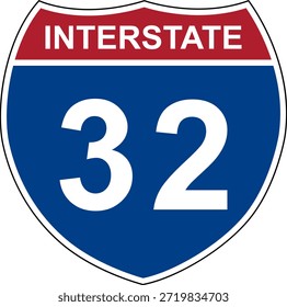 Interestatal 32. Señal de la autopista interestatal. El número de la carretera. Señal que indica los números de ruta en el Sistema Interestatal de Carreteras de Estados Unidos. Incluso los números van de oeste a este. Los números raros van de norte a sur.
