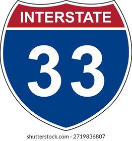 Interestatal 33. Señal de la autopista interestatal. El número de la carretera. Señal que indica los números de ruta en el Sistema Interestatal de Carreteras de Estados Unidos. Incluso los números van de oeste a este. Los números raros van de norte a sur.