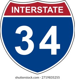 Interestatal 34. Señal de la autopista interestatal. El número de la carretera. Señal que indica los números de ruta en el Sistema Interestatal de Carreteras de Estados Unidos. Incluso los números van de oeste a este. Los números raros van de norte a sur.