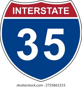 Interestatal 35. Señal de la autopista interestatal. El número de la carretera. Señal que indica los números de ruta en el Sistema Interestatal de Carreteras de Estados Unidos. Incluso los números van de oeste a este. Los números raros van de norte a sur.
