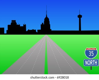 Interstate 35 leading to San Antonio skyline