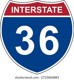 Interestatal 36. Señal de la autopista interestatal. El número de la carretera. Señal que indica los números de ruta en el Sistema Interestatal de Carreteras de Estados Unidos. Incluso los números van de oeste a este. Los números raros van de norte a sur.