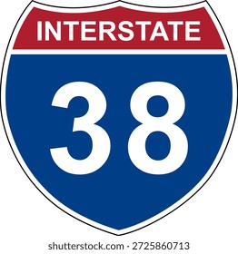 Interestatal 38. Señal de la autopista interestatal. El número de la carretera. Señal que indica los números de ruta en el Sistema Interestatal de Carreteras de Estados Unidos. Incluso los números van de oeste a este. Los números raros van de norte a sur.