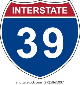 Interestatal 39. Señal de la autopista interestatal. El número de la carretera. Señal que indica los números de ruta en el Sistema Interestatal de Carreteras de Estados Unidos. Incluso los números van de oeste a este. Los números raros van de norte a sur.