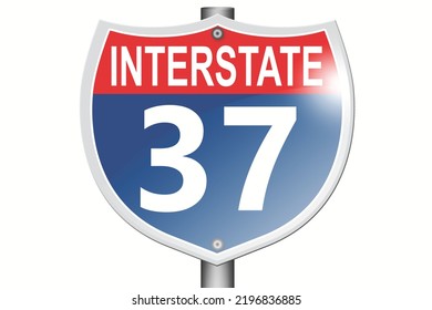 Señal de la carretera interestatal 37 aislada en fondo blanco, 3d representación 