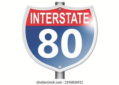 Señal de carretera Interstate 80 aislada en fondo blanco, 3d representación 