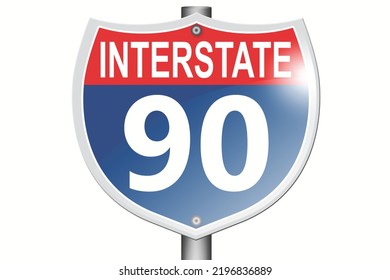 Señal de carretera Interstate 90 aislada en fondo blanco, 3d representación 