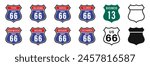 Interstate route sign set. Interstate and US Route signs including famous Route 66. International road signs