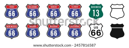 Interstate route sign set. Interstate and US Route signs including famous Route 66. International road signs