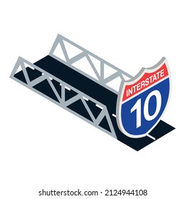 Interstate Sign Icon Isometric Vector. Road Bridge And Information Road Sign. Usa Interstate Highway System, Number Ten Road Sign, Traffic Regulations