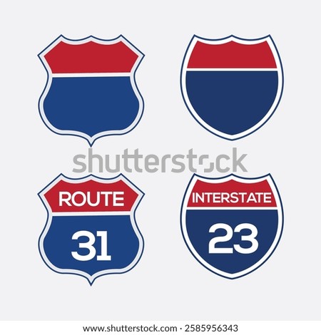 Interstate sign icon set. American interstate highway sign, red and blue isolated on white background, vector illustration.