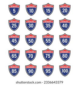 Interstate Traffic sign set from USA. Interstate major highway road sign icon set, collection isolated on white background. Vector illustration