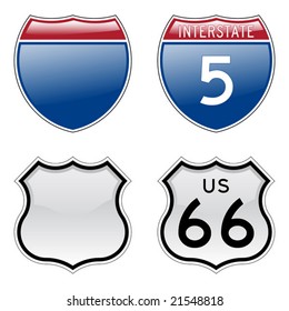 Interstate and US Route 66 signs with glossy effect