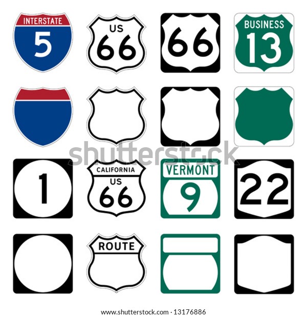 Interstate\
and US Route signs including famous Route\
66