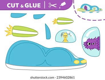Interstellar blauer Raumschiff mit Außerirdischen. Schneiden und Kleben. UFO. Applique. Papiererziehungsspiel. Flat, Cartoon. Einzige Vektorgrafik eps10