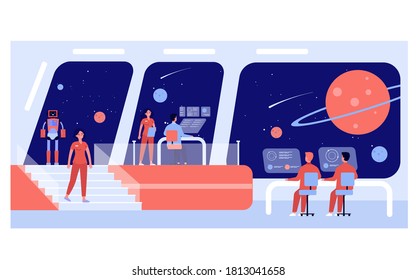 Interstellar space station crew. Captain, officers and robot monitoring planets. Vector illustration for science fiction, space exploration concept