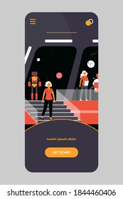 Interstellar space station crew. Captain, officers and robot monitoring planets. Vector illustration for science fiction, space exploration concept