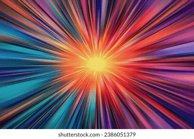 Espacio interestelar que viaja a velocidad máxima a través de un túnel warp. Fondo de color pixelado con túnel brillante y rastros de luz vibrantes. Retro-ciencia ficción y astrofísica concepto de hiperespacio.