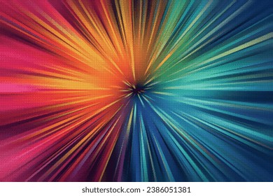 Interstellar space traveling on hyper speed through a warp-tunnel. Pixelated colorful background with glowing tunnel and vibrant light traces. Retro sci-fi and astrophysics concept of hyperspace.