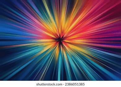 Interstellar space traveling on hyper speed through a warp-tunnel. Pixelated colorful background with glowing tunnel and vibrant light traces. Retro sci-fi and astrophysics concept of hyperspace.